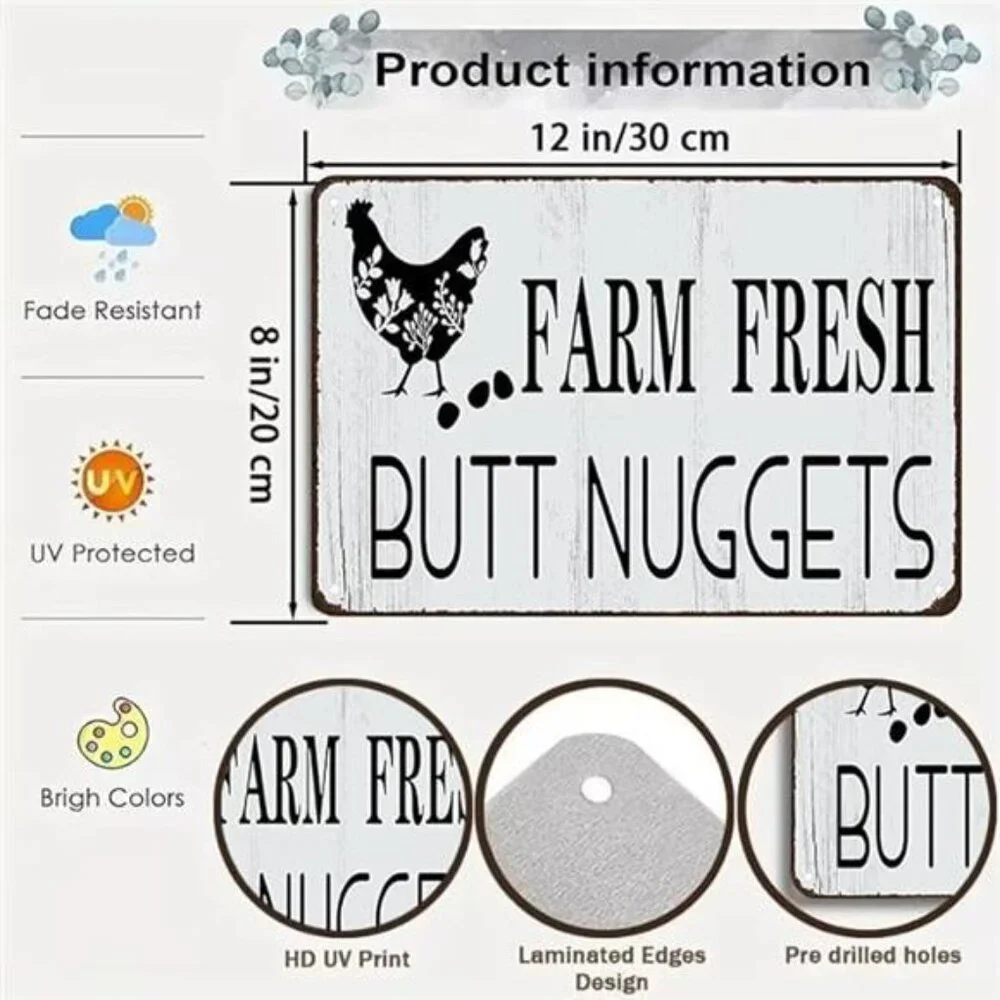 Funny Chicken Farm Fresh Butt Nuggets Tin Sign for Home Farm Chicken Coop